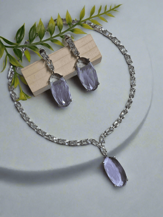 Silver Plated Aqua Purple Stone American Diamond Necklace Sets - Garimas