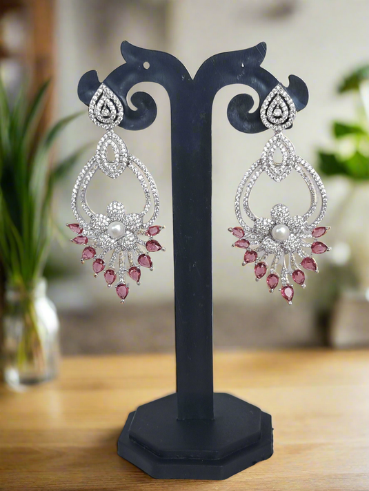 Pink American Diamond Studded Crystal Brass Drops & Danglers | Garimas