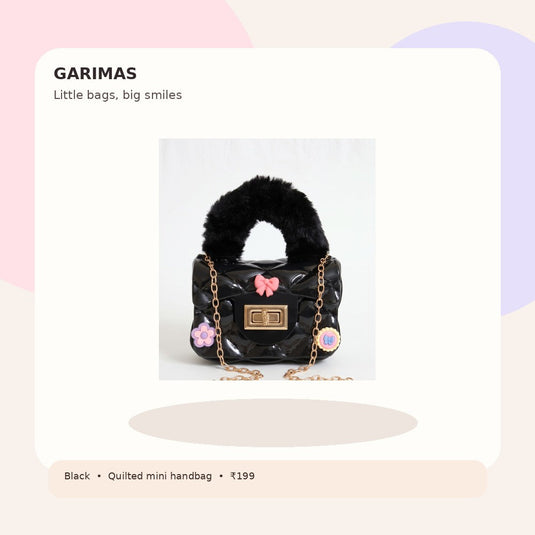 GARIMAS black kids handbag on a playful pastel lifestyle-style promotional background