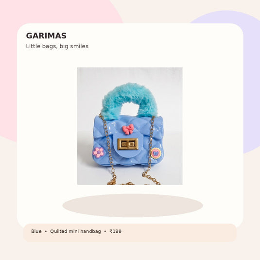 GARIMAS blue kids handbag on a playful pastel lifestyle-style promotional background