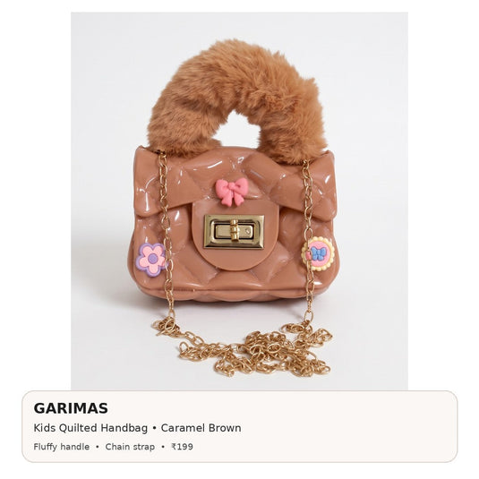 GARIMAS caramel brown kids handbag infographic with colour, key features and ₹199 price