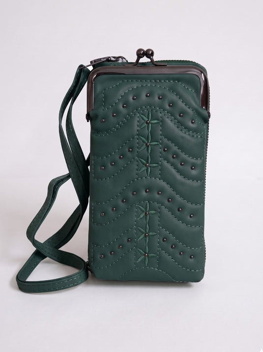 GARIMAS Deep Green faux leather crossbody sling bag with kiss-lock mobile pouch