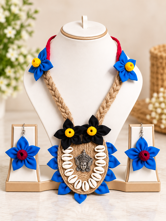 GARIMAS handmade jute necklace set with blue flowers, shell details and matching earrings