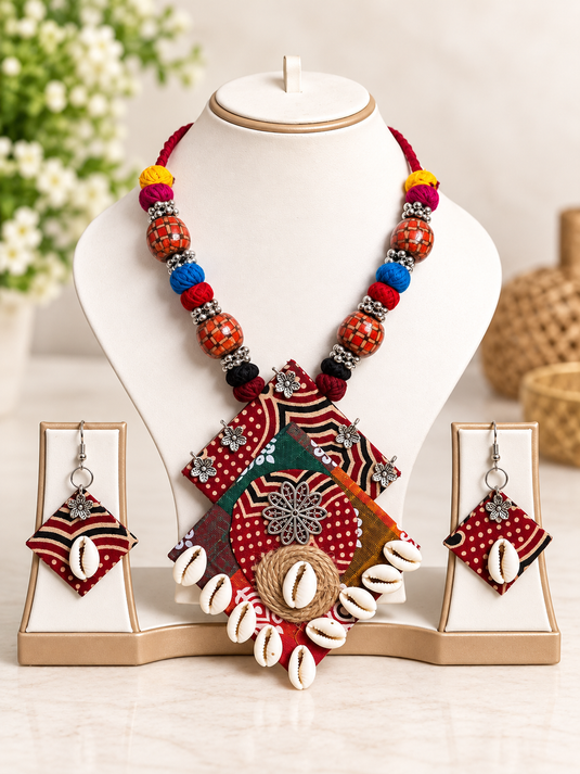 GARIMAS colourful tribal patchwork necklace set with cowrie shell accents and matching earrings