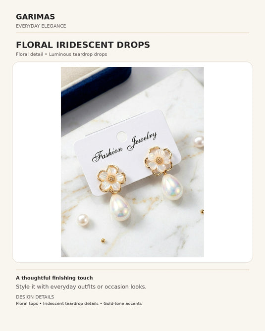 GARIMAS infographic showing floral earrings with gold-tone flower tops and iridescent teardrop details