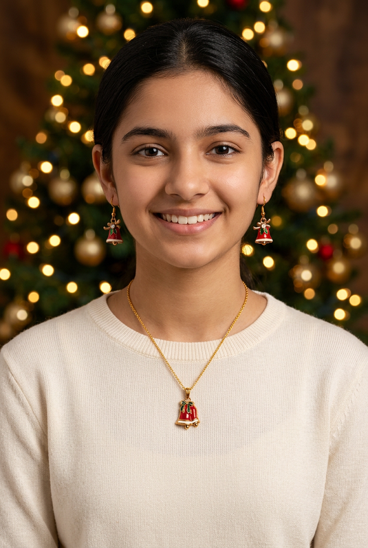 GARIMAS Red Christmas Bell Pendant Necklace and Earrings Set