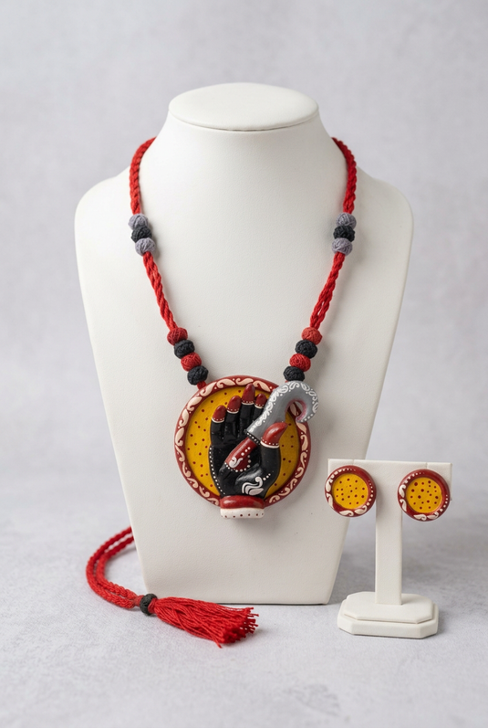 Red and yellow hand motif necklace and matching earrings displayed on a white mannequin by GARIMAS.
