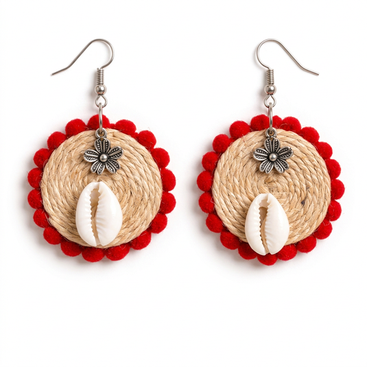 GARIMAS round jute-look earrings with red edging and shell drops