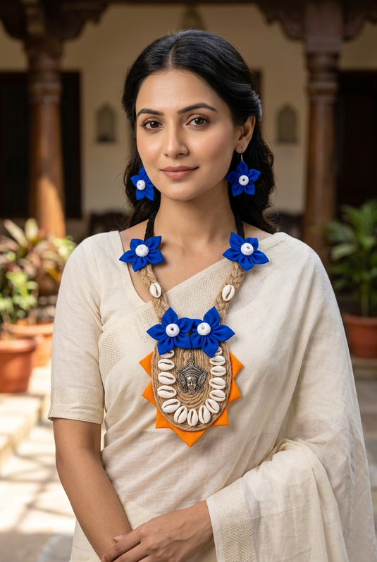 Indian woman wearing GARIMAS blue floral necklace and matching earrings