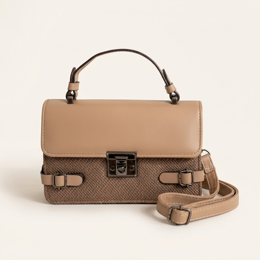 Tan & Brown Textured Top-Handle Handbag
