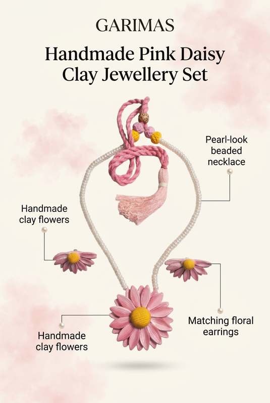 GARIMAS infographic of a handmade pink daisy clay necklace set with pearl-look beads and matching floral earrings.
