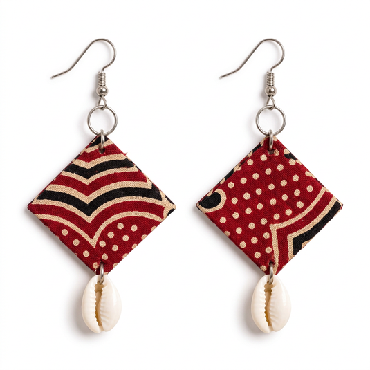 GARIMAS red and black patterned diamond-shaped earrings with cowrie shell accents