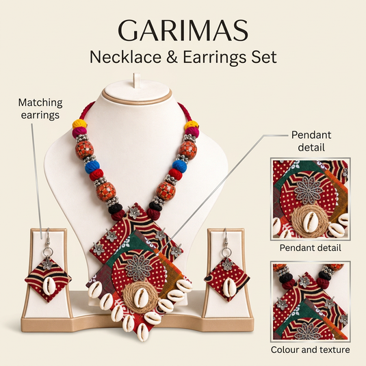 GARIMAS colourful tribal patchwork necklace set detail infographic