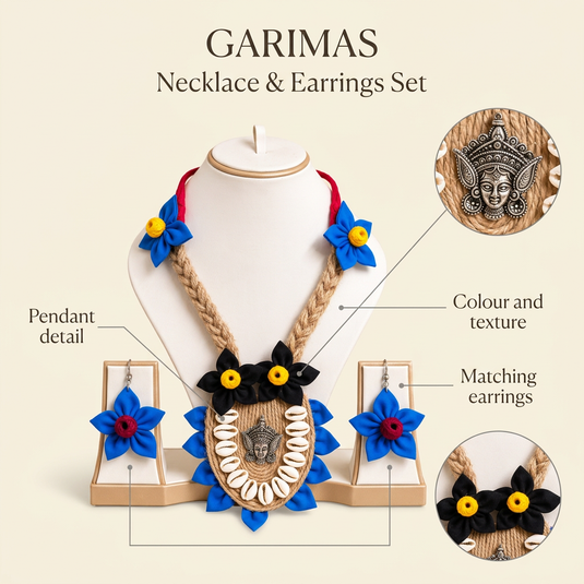 GARIMAS blue floral accent necklace and earrings set detail infographic