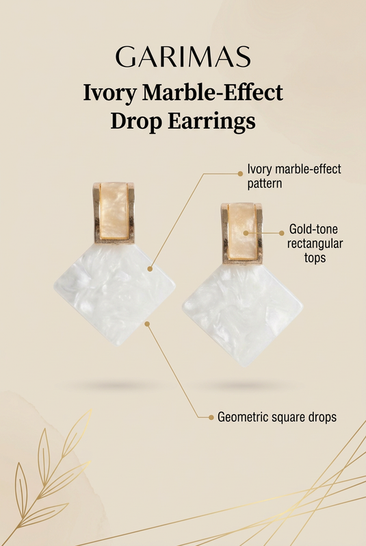 GARIMAS ivory drop earrings infographic highlighting the marble-effect pattern, gold-tone tops and square drops.