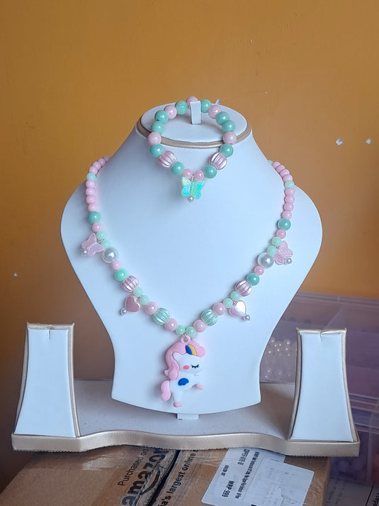 Green and Pink Beads Necklace and Bracelet Set for Girls | GARIMAS