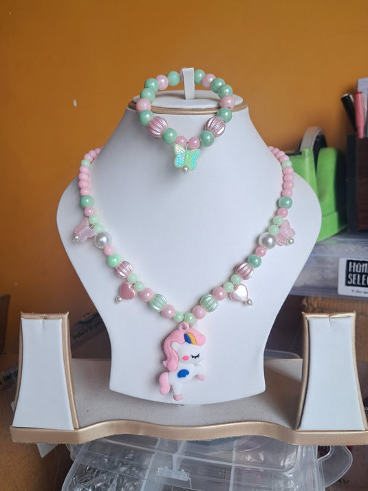 Green and Pink Beads Necklace and Bracelet Set for Girls | GARIMAS