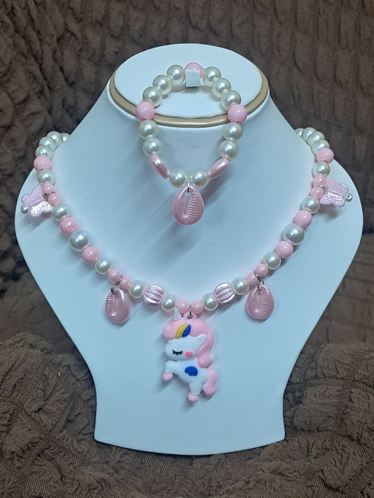 Baby Pink Pearl Beaded Unicorn Necklace and Bracelet Set for Girls | GARIMAS