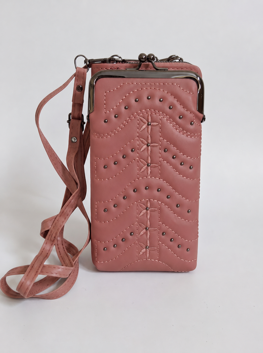 GARIMAS Dusty Rose Crossbody Faux Leather Sling Bag with Kiss-Lock Mobile Pouch