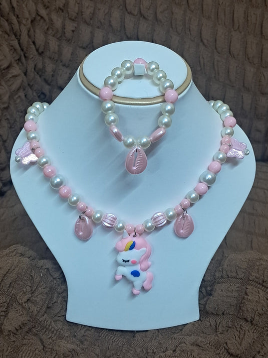 Baby Pink Pearl Beaded Unicorn Necklace and Bracelet Set for Girls | GARIMAS