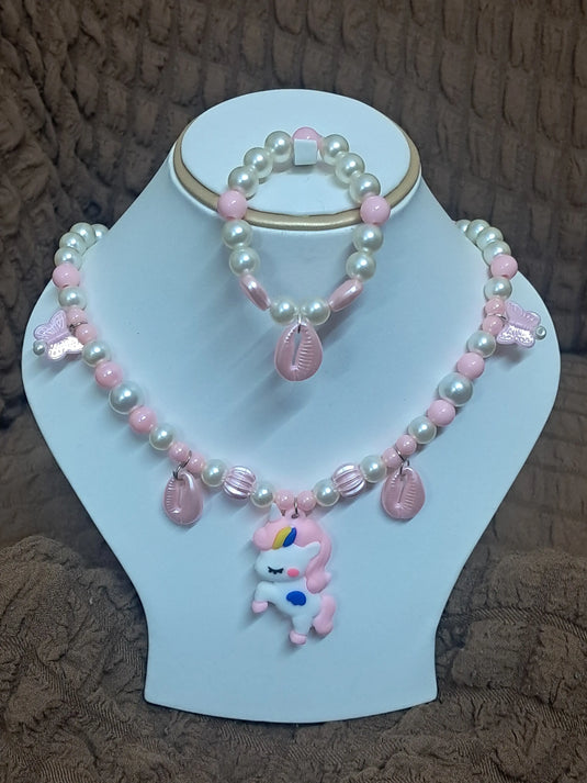 Baby Pink Pearl Beaded Unicorn Necklace and Bracelet Set for Girls | GARIMAS