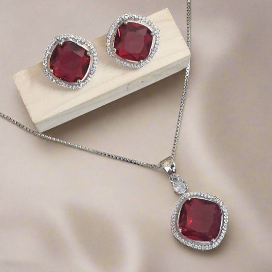 Rhodium-Plated Ruby & CZ Studded Pendant Necklace Set | Garimas Lifestyle