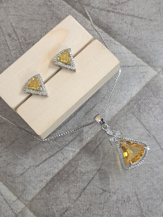 Pendant Set CZ Studded and silver Plated chain Aqua yellow | Garimas Lifestyle