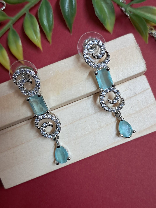 Silver Plated American Diamond Necklace Sets With Aqua Green Stone - Garimas