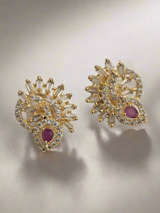 Gold Plated American Diamond Studded Floral Stud Earrings for Women | Garimas