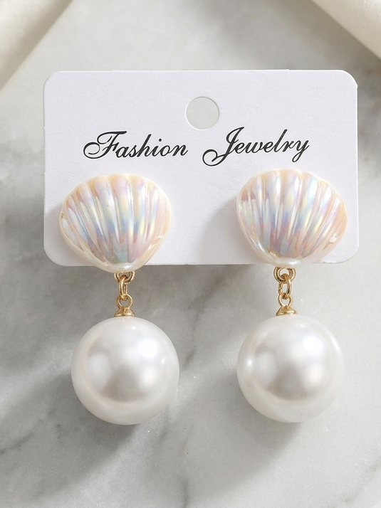 Iridescent Seashell & Faux Pearl Drop Earrings