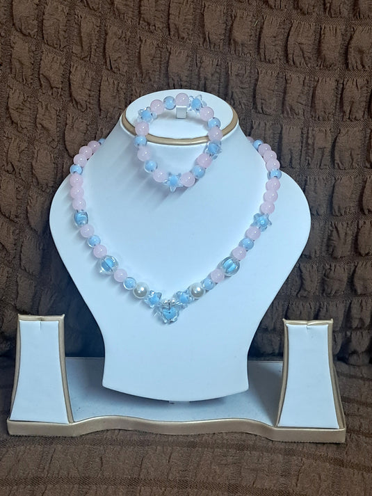 Pink Glass Beads Necklace and Bracelet Set for Girls | GARIMAS