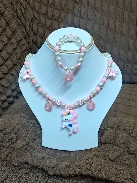 Baby Pink Pearl Beaded Unicorn Necklace and Bracelet Set for Girls | GARIMAS