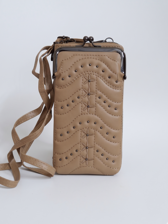 GARIMAS Camel Beige Crossbody Faux Leather Sling Bag with Kiss-Lock Mobile Pouch