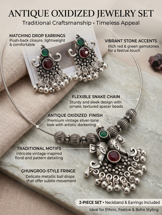 Antique Oxidized Necklace & Earring Set - Red & Green Stones