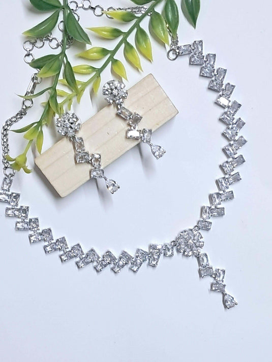 Silver Plated American Diamond Necklace Sets With White Stone - Garimas