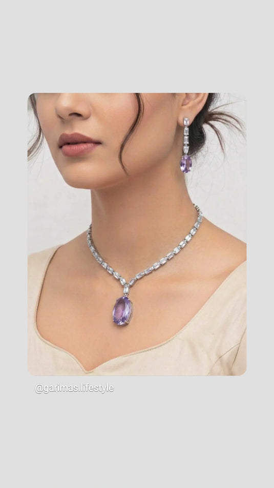Silver Plated Aqua Purple Stone American Diamond Necklace Sets
