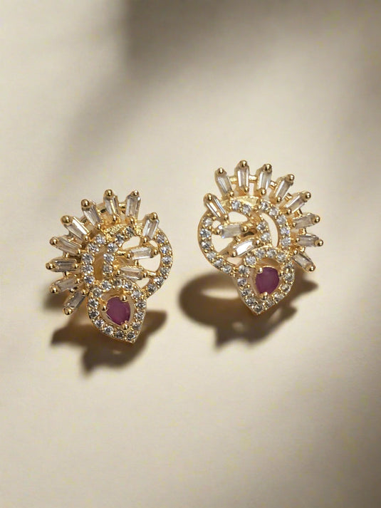 Gold Plated American Diamond Studded Floral Stud Earrings for Women | Garimas