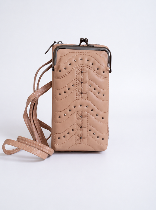 GARIMAS Taupe Pink Crossbody Faux Leather Sling Bag with Kiss-Lock Mobile Pouch