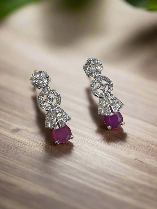 Silver Plated Pink American Diamond Drop Earrings | Garimas