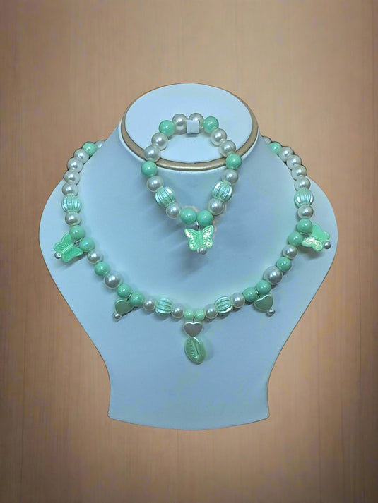 Green Pearl Beads Necklace and Bracelet Set for Girls
