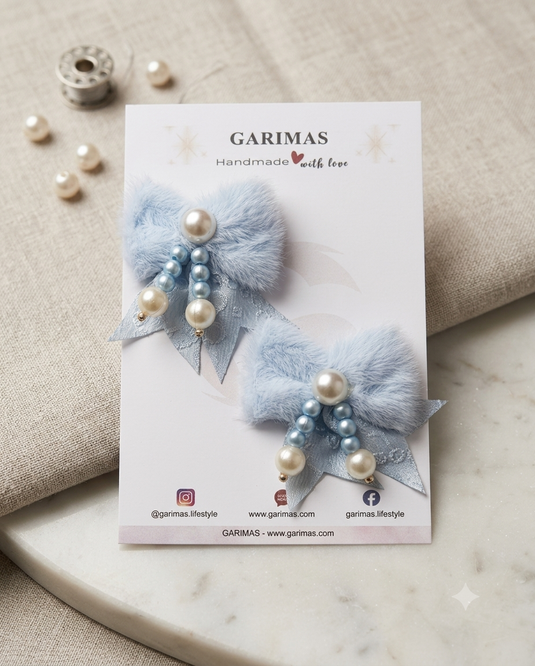 Sky Blue Hair Clip Set for Girls Adorable Bow and Flower Designs Hair Pin Soft with Pearl Beads, Lightweight, and Stylish for Party