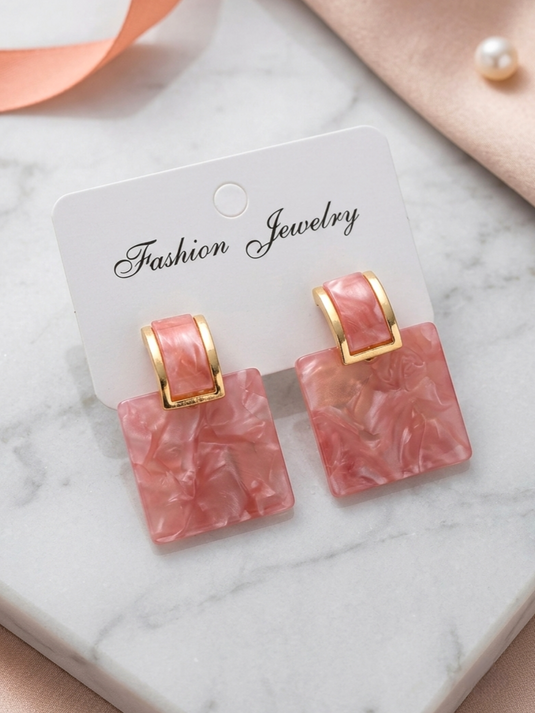 GARIMAS pair of pink marble-effect square drop earrings with gold-tone rectangular tops.