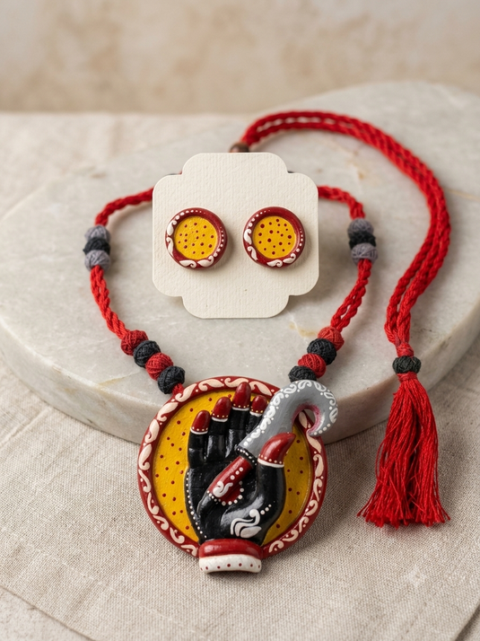 Red cord necklace with yellow hand motif pendant, red tassel and matching round yellow earrings by GARIMAS.