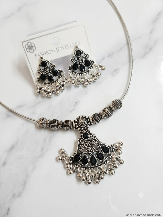 Black & Silver-Tone Necklace and Earrings Set
