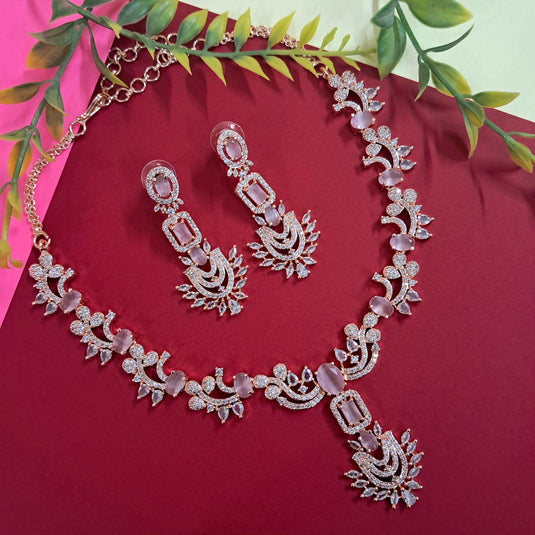 Rose Gold Plated  American Diamond Necklace Sets With Pink Stone