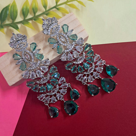 Aqua Green American Diamond Studded Crystal Brass Drops & Danglers