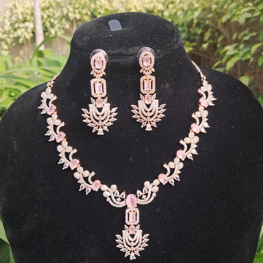 Rose Gold Plated  American Diamond Necklace Sets With Pink Stone