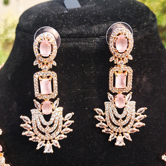 Rose Gold Plated  American Diamond Necklace Sets With Pink Stone