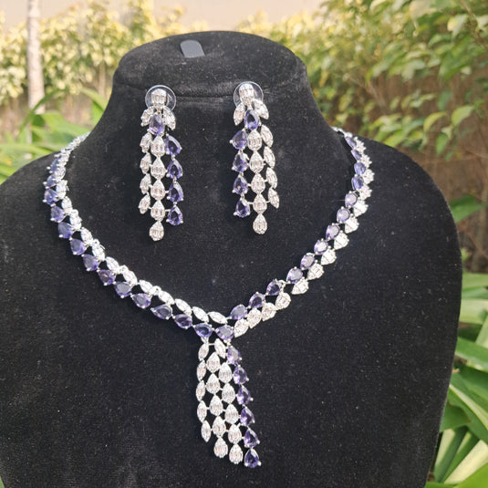 Silver Plated American Diamond Necklace Sets With Purple Stone