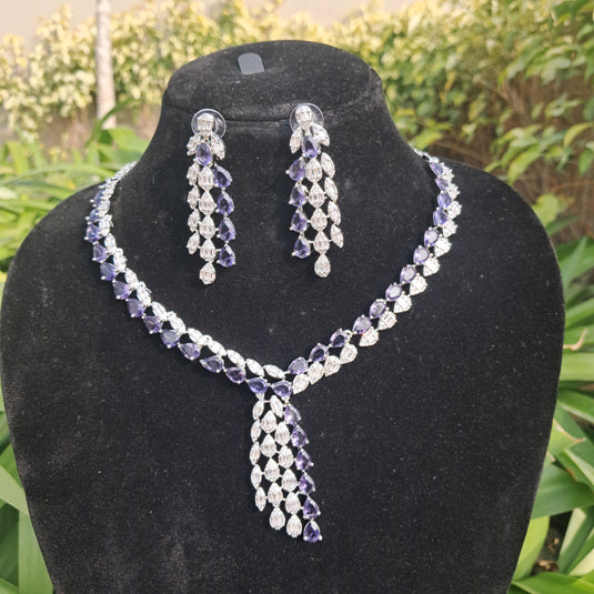 Silver Plated American Diamond Necklace Sets With Purple Stone